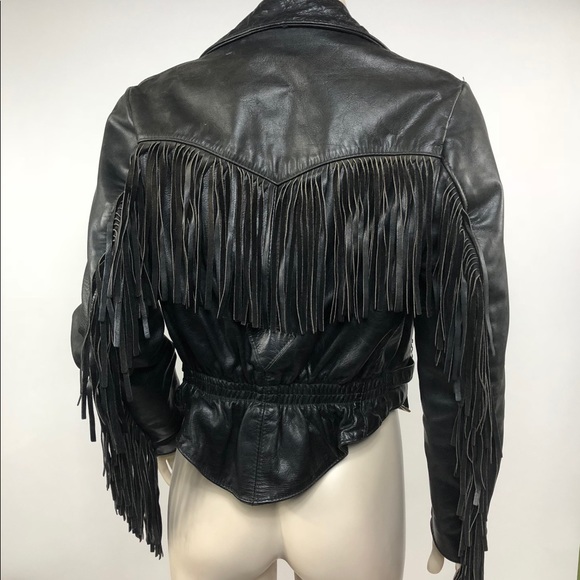 Vintage Black Leather Fringe Biker Jacket Size M - Picture 3 of 3